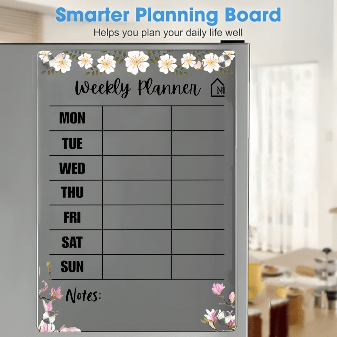 Floral Black Acrylic Weekly Planner | Magnetic Reusable Fridge Board with Notes Section | Pen and Rag - Memories InsiteFLORAL WEEKLY FRIDGE PLANNER WITH NOTE I